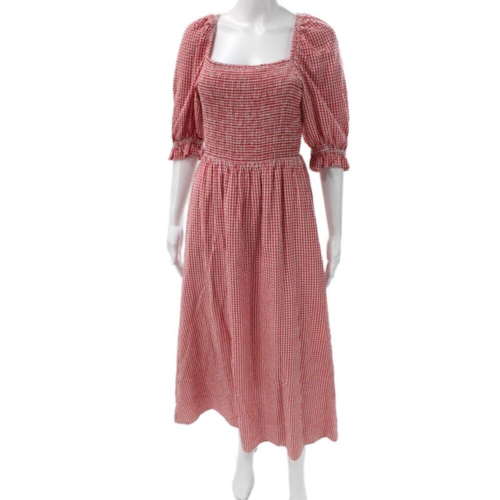 Rahi Women Fit & Flare Gingham Red Dress Square Neck Tie Long Size S